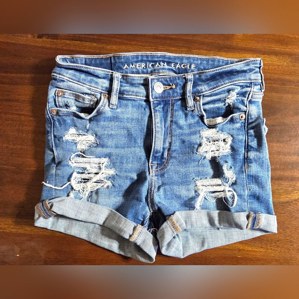 American Eagle Blue Denim Mini Shorts - Juniors Size 0 - Distressed